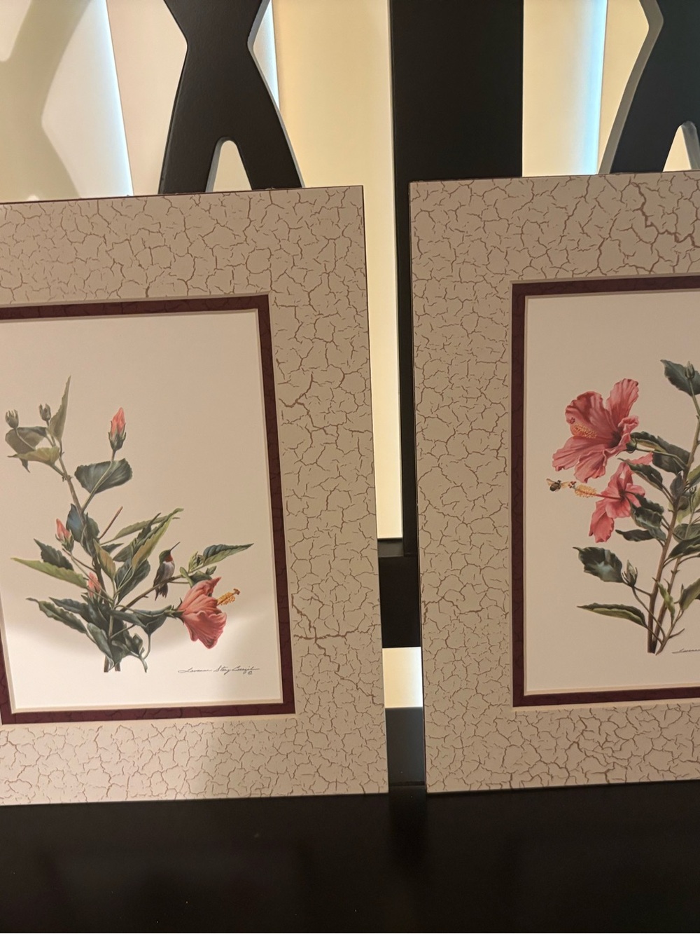 Pair of Matted Botanical Hibiscus Prints in Pink and Green